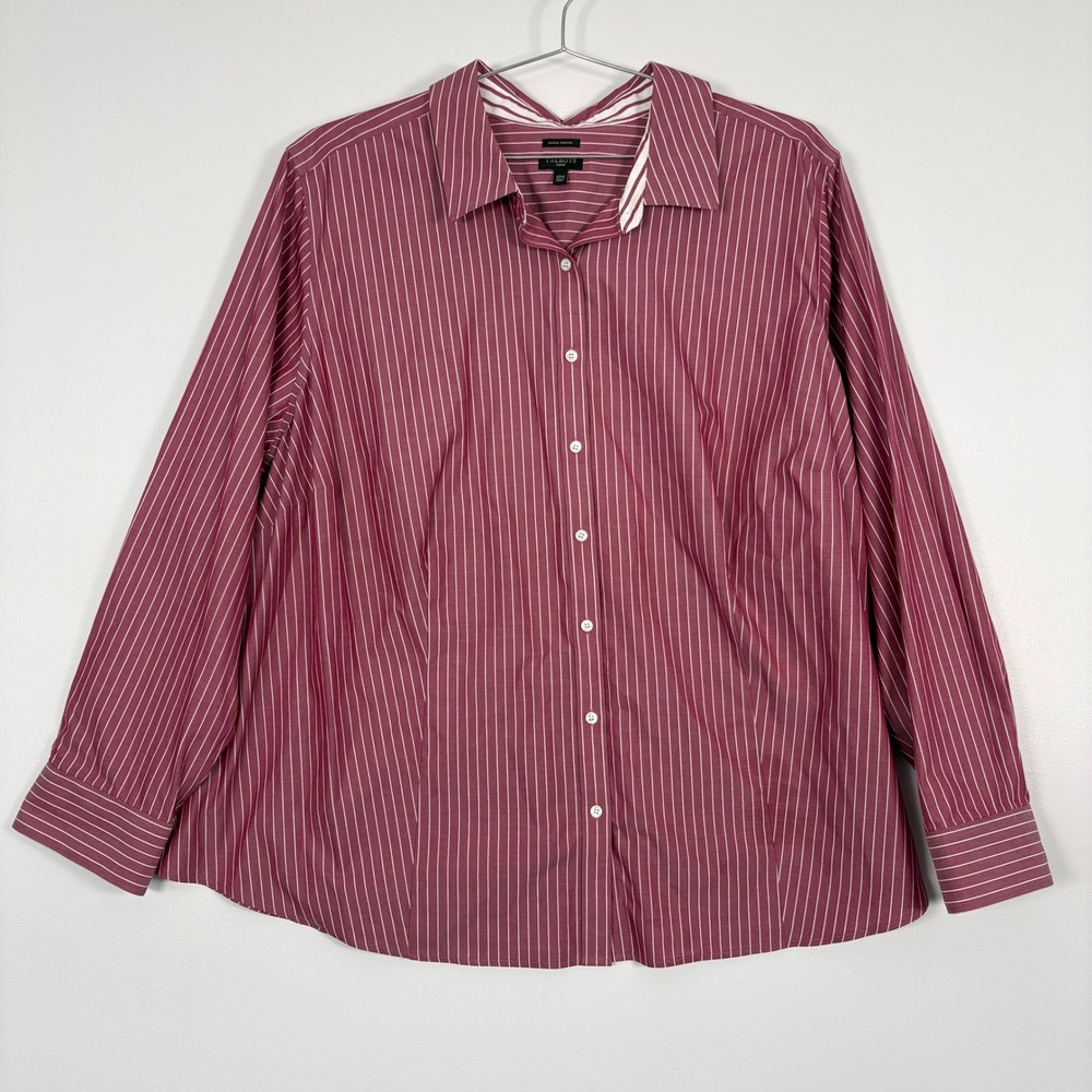 Talbots Women Button Down Shirt 22W Red White Pinstripe Wrinkle Resistant Office